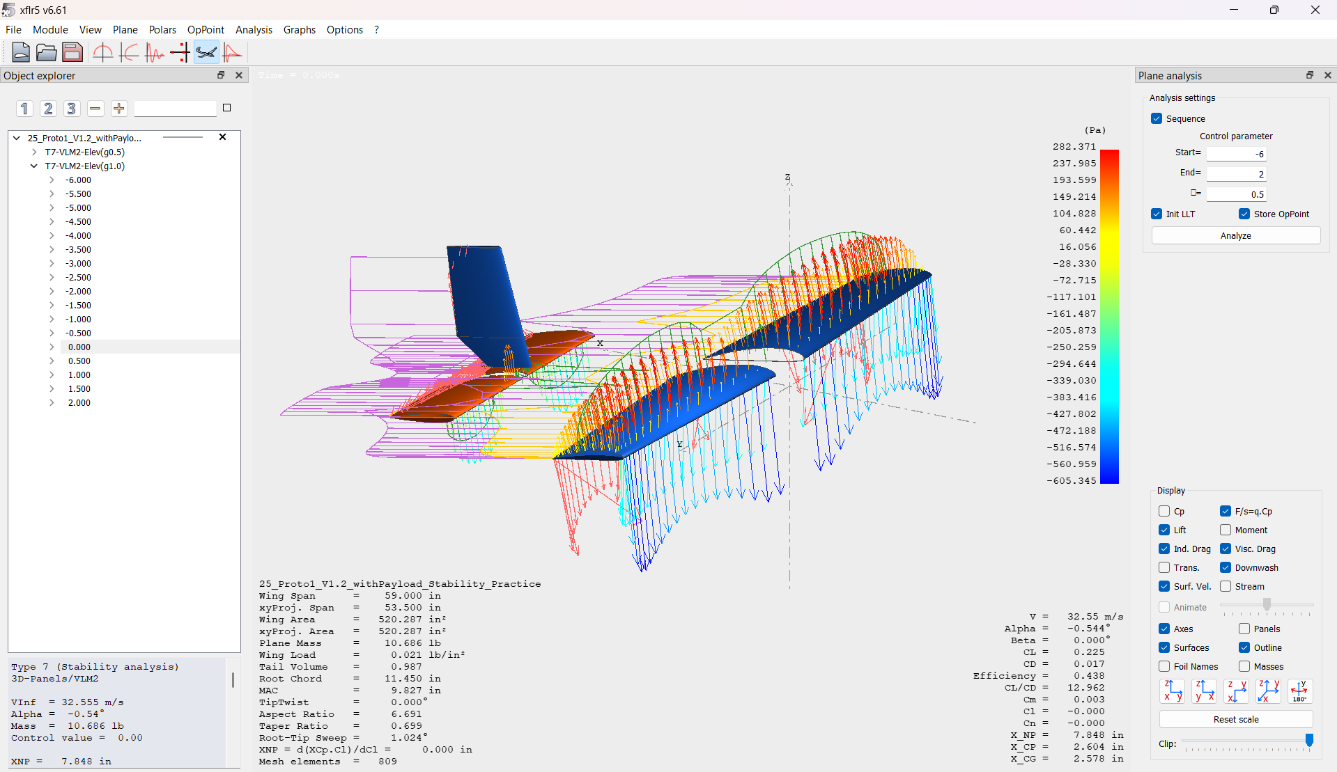 XFLR5 pressure and downwash visualization for Gator Design Build Fly Prototype 1