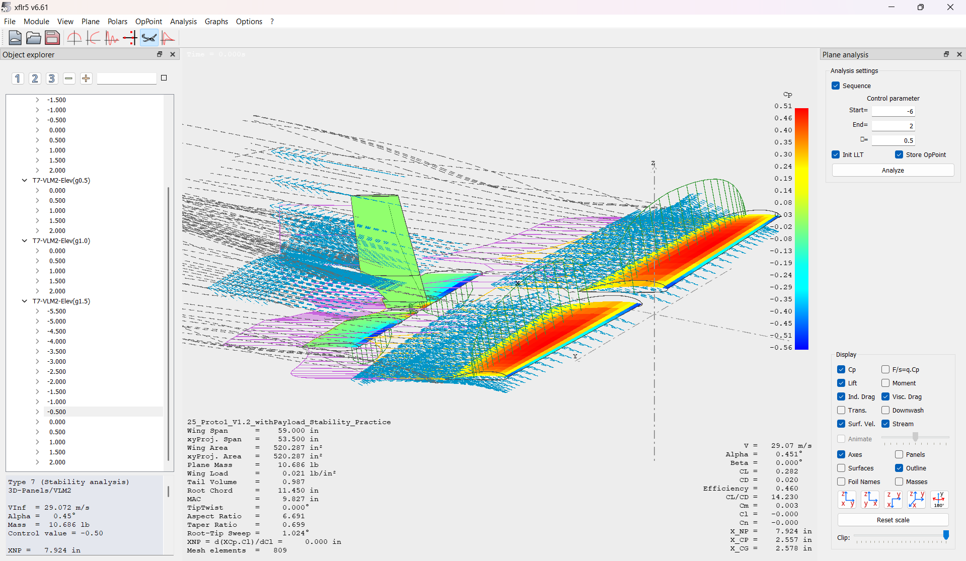 XFLR5 aerodynamic flow visualization for Gator Design Build Fly Prototype 1