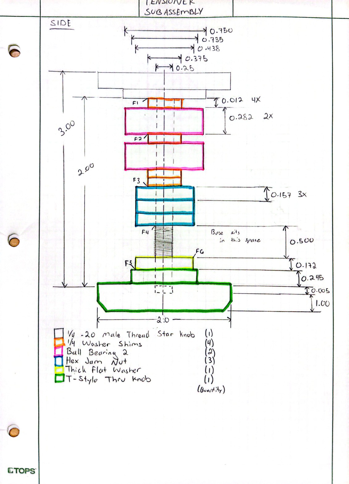 Concept sketch of the adjustable rolling-element belt tensioner sub-assembly with dimensions