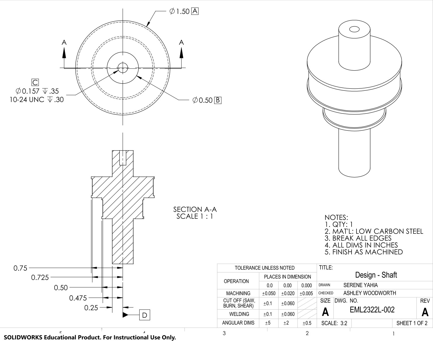 Dimensioned SolidWorks manufacturing drawing of the stepped low-carbon-steel drive shaft with tolerances and a section view