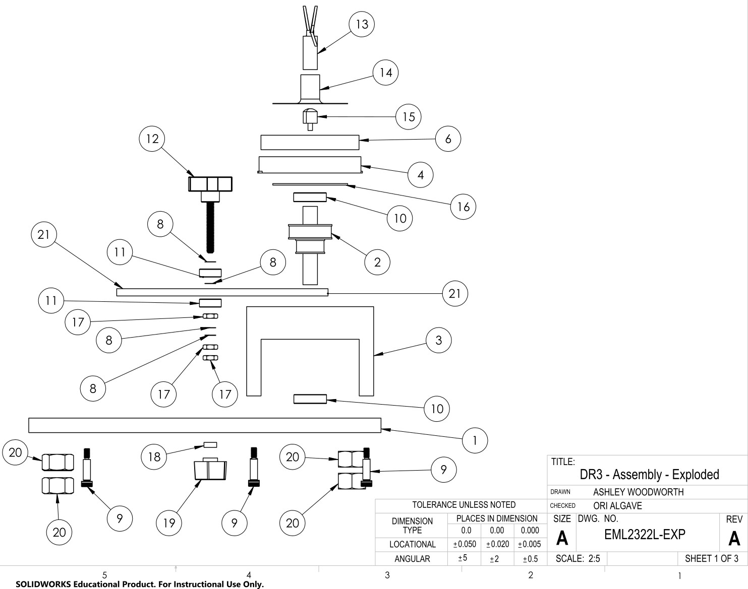 SolidWorks exploded assembly drawing of the air-engine mixer with numbered BOM balloons