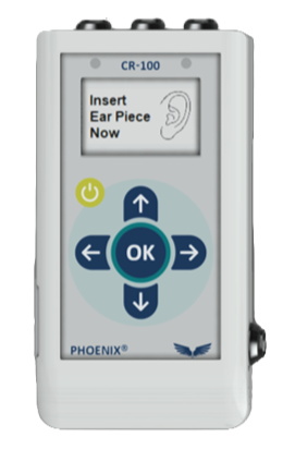 The Evren Phoenix CR-100 device with its earpiece controller interface
