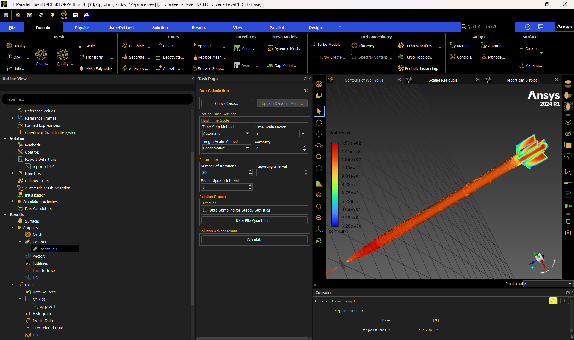ANSYS Fluent wall Y-plus contour and drag output for the Swamp Launch rocket CFD model
