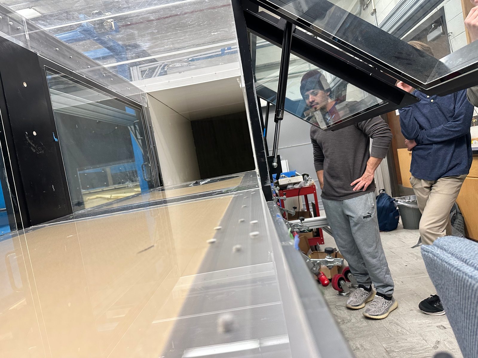 Open wind tunnel test section during setup for rocket drag testing