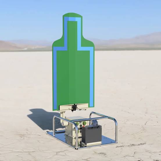 Render of a stationary infantry target: a silhouette mounted on a lifter base inside a tubular roll frame